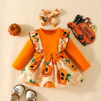 Halloween 0-2Y Bambine 3Pcs Abiti Manica Lunga Pagliaccetto con Bretella Gonna Archetto Set di Vestiti Neonato