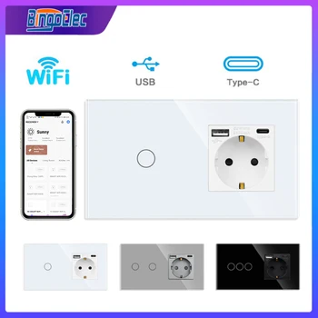 WiFi Smart Switch e Presa a Muro in Vetro Interruttore della Luce con Presa USB di Tipo C, WiFi Interruptor Smart Life Google Alexa Controllo