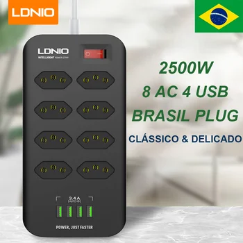 LDNIO 2500W Brasil Striscia di Alimentazione da 2 Metri di Cavo di Prolunga di Alimentazione Presa Brasile Standard 8 Prese di corrente 4 Porte USB Home BR Adattatore di Spina