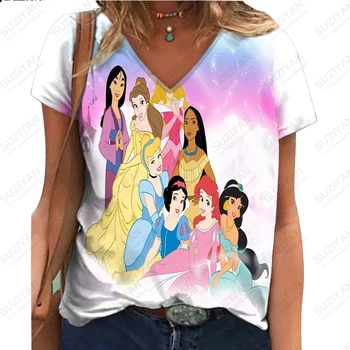 Delle donne di Estate Nuova Moda Principessa Disney Mickey Mouse 3D Stampato Manica Corta T-shirt da Donna con scollo a V Sciolto Casual Ragazza Stile