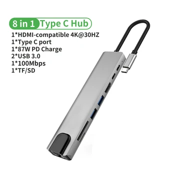 USB C Hub 8 In 1 di Tipo C A 4K HDMI Adattatore Multi Splitter RJ45 Con SD/TF Card Reader PD Ricarica Veloce Per MacBook Pro Air PC