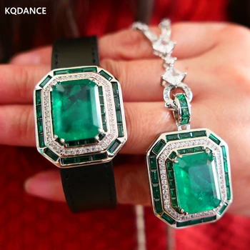 KQDANCE Rettangolo di 12*16mm Lab Verde Smeraldo Pendenti di Diamanti Collana di Fascino PU Catena Bracciali Gioielli Set Per le Donne Regalo Nuovo
