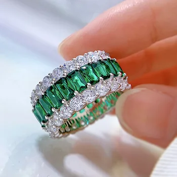 2022 Eternità Smeraldo Anello con Diamante Reale di 100% dell'argento sterlina 925 Parte della banda di Nozze Anelli per le Donne Nuziale Gioielli di Fidanzamento