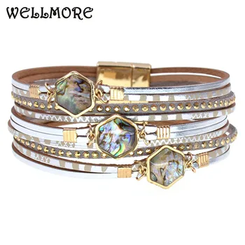 WELLMORE NUOVO Boemia braccialetto di cuoio per le donne di moda chram bracciali magnete geometria bracciali Femminile Gioielli all'ingrosso