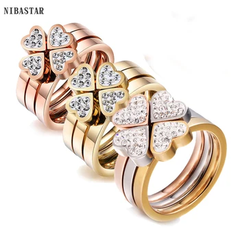 Tre splendidi Set di anelli Per le Donne di Alta Qualità in Acciaio Inox a tre colori Crystal Trifoglio Anello Con cristalli