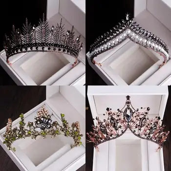 Barocco Nero Perla Di Cristallo Diademi Corona Di Strass Rappresentazione Diadema Sposa Archetto Accessori Per Capelli Da Sposa Tiara De Noiva