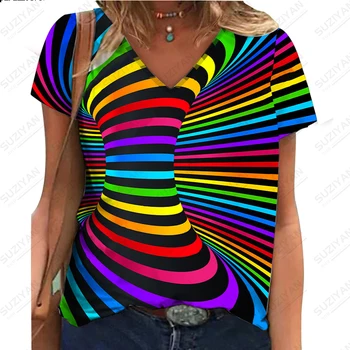 2023 Nuovo Donna Top T-shirt Loose collo a V Confortevole Top Estivo Fresco di Stampa 3D Soggiorno Originale Visual Semplice Vortice Extra Large