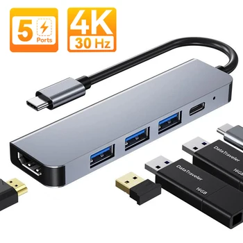 USB C HUB 4K 30Hz Tipo C a HDMI-compatibile con USB 3.0, Adattatore PD87W USB C Docking Station USB Splitter per MacBook Air M1 iPad Pro