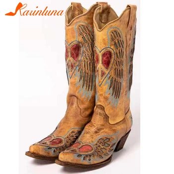Di alta Qualità Moda Nuova di Zecca donna scarpe Emborider Vintage Stivali Western Slip-On Chunky Tacchi a Punta Toe Femminile