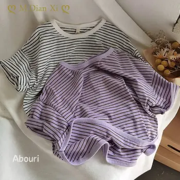 Abbigliamento per bambini coreani Ragazzi Ragazze Bambini Versatile Sciolti Cotone a righe Manica Corta T-shirt 2023 Estate Nuovo Bambino, Top di Abiti