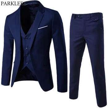 Formale di Business Slim Fit Blu Navy 3pc Tailleur (Giacca+Pantaloni+Maglia) 2019 Primavera Nuovo Pulsante collo con Rever Costume Homme