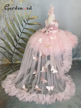 Puffy Girl Dress Rosa Baby Dress con il Treno Flower Girl Dress Bow Ragazzo Carino Bambino di Compleanno Abiti da Prima Comunione