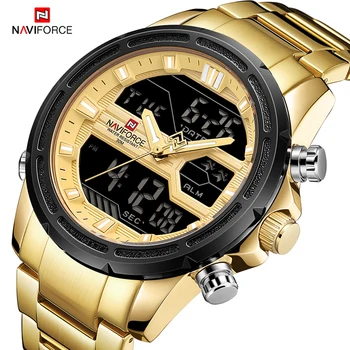 NAVIFORCE Luxury Gold Mens Watch in Acciaio Inox Militare Orologio da polso Digitale Orologi Sportivi Maschio Impermeabile al Quarzo Orologio Sveglia