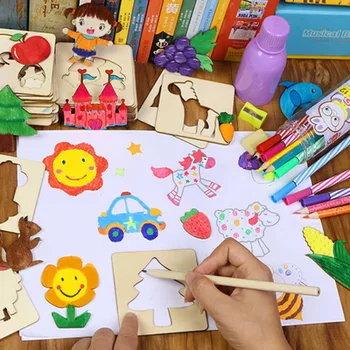 I bambini Montessori Disegno di Giocattoli in Legno fai da te Pittura Stencil Modello di Artigianato, Giocattoli Puzzle Giocattoli Educativi Per i Bambini Regali