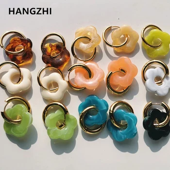 HangZhi 2021 Nuovo e Colorato Fiore di Resina Acrilica Fiori in Metallo di Colore Oro in Acciaio Inox Orecchini a Cerchio per le Donne del Partito di Gioielli