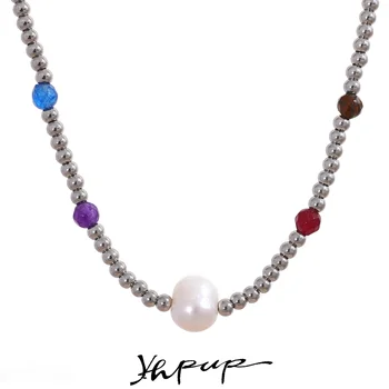 Yhpup 4mm in Acciaio Inox Perline Mai Dissolvenza Colore Mix Perle Naturali di Pietra Colorata a Mano Donna Collana Bracciale Gioielli