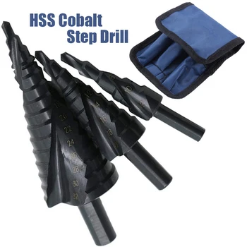 3Pcs/Set 4-32 mm HSS Cobalto Step Drill Bit Set di Azoto ad Alta Velocità di Acciaio a Spirale per Metallo Cono Triangolo Gambo Foro Metallo di Perforazione