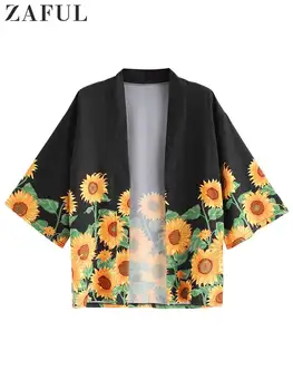 ZAFUL Aprire la parte Anteriore Shirt per gli Uomini di Girasole Stampa Manica Tre Quarti Spiaggia Cardigan Vacanze Estive Kimono Top Z4661739