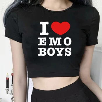 i love emo boys t-shirt cyber y2k trash coreano moda crop top Donna goth Kawaii gotico Harajuku tshirt