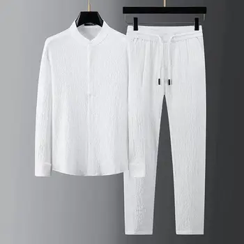 2023 Uomini Set di Due pezzi per la Primavera Estate Nuova Moda Vestito Uomo Manica Lunga Casual Camicie e Pantaloni Pieghe Slim Designer di Abbigliamento Uomo