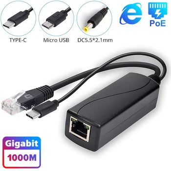 Gigabit PoE Splitter Micro USB/Tipo-C/DC 48V IEEE 802.3 af/at 10/100/1000Mbps Power over Ethernet per le telecamere IP e Raspberry PI