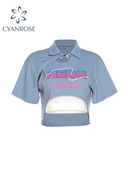 Lettera Stampata T-Shirt Donna 2022 Estate Casual Moda Vintage Y2k Polo-Collo Crop Top Femminile Streetwear Manica Corta Slim Tee