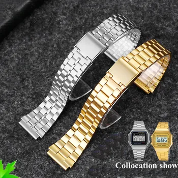 Per Casio acciaio cinturino a158 / a159 / A168 /a169 /b650 /aq230/ 700 piccolo orologio d'oro Accessori Convesso mouth18mm nero bracele