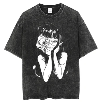 Junji Ito di Stampa, Uomo, T-Shirt Lavata Harajuku Streetwear, Vintage T-shirt, Vestiti Hip Hop Anime Shirt Maglietta Nera