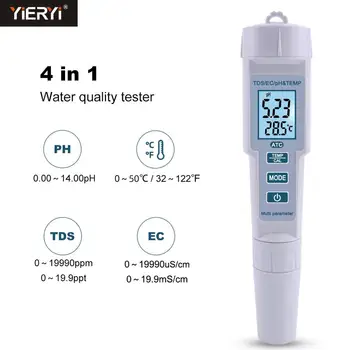 yieryi TDS PH-Metro PH/TDS/CE/Misuratore di Temperatura Digitale di controllo della Qualità dell'Acqua Tester per Piscine di Acqua Potabile, Acquari