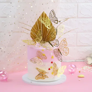 12pcs Oro 3D Butterfly Wedding Cake Topper Cartone Oro Happy Birthday Cake Topper per il Bambino Festa di Compleanno Decorazioni della Torta
