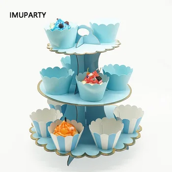 3 livelli di Cupcake Stand di Carta Tinta a Strisce Cupcake Wrapper Decorazioni per Matrimonio Compleanno Festa di Tavolo da Dessert Forniture