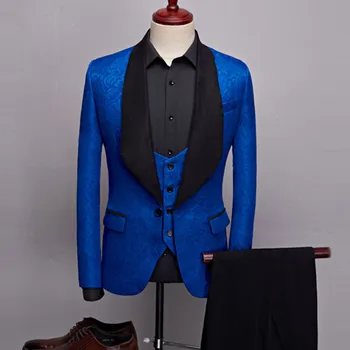 2023 Nuovi Uomini Casual Boutique Business Grande Collare Nero Vestito / Maschio Jacquard Modello Scuro Blazer Giacca Pantaloni Gilet 3 Pz