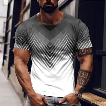 T-Shirt a righe per Uomini 3D Contrasto di Stampa Tee Top Oversize Slim Fit Camicia Manica Corta Uomo Casual Abbigliamento Streetwear Estate