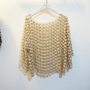 Donne di Lusso Perla Perline Cime d'Oro Pizzo Hollow Out Carino t-shirt Flare Manica Elegante Pullover Femme