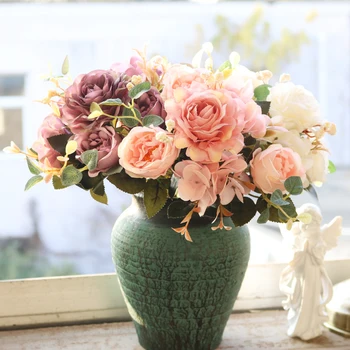 Bella Ortensia Rose Fiori Artificiali per la Casa Decorazioni di Nozze di Alta Qualità Bouquet Autunnale Mousse di Peonia Falso Fiore