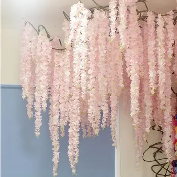 All'ingrosso Cherry Blossom falso Viti Sakura fiori Artificiali per la festa di Nozze soffitto decorazione da parete in rattan 90cm
