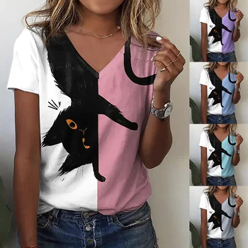 3D, Gatti Divertenti, Stampa T-Shirt Per le Donne V-collo Manica Corta Casual Moda Kawaii Grafica T-shirt Oversize Femminile Ragazze Vestiti