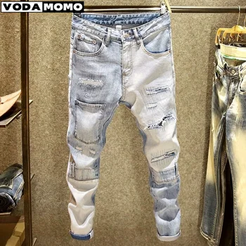 Europea Jean Uomini Ricamo Patchwork Jeans Strappati Trend di Marca di Moto Pant Mens Jeans Skinny pantalones hombre streetwear