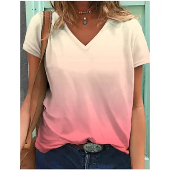 Donna T-shirt Tinta unita Gradiente di Stampa 3d V-collo delle Donne Cime di Estate delle Donne di Moda Casual Sciolto Centinaia manica Corta