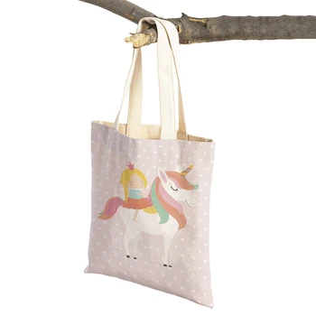 Carino Rainbow Unicorn Castello Principessa Casual Donna Borse Per La Spesa Animale Tela Supermercato Borsa Shopper Riutilizzabili Tote Borsa