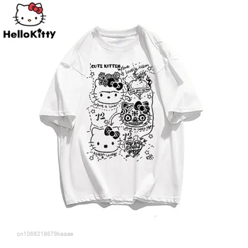 Sanrio Vestiti di Hello Kitty Nuovi Graffiti Design Estate Manica Corta T-shirt Donna Top di Cotone Y2k Sciolto Chic Tee Shirt Vintage