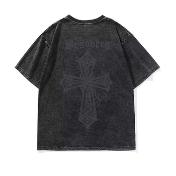 2023 Estate Retrò Lavato T-shirt per gli Uomini Hip Hop Streetwear Stampa Croce Gotica Harajuku Casual Cotone Loose Tee Shirt