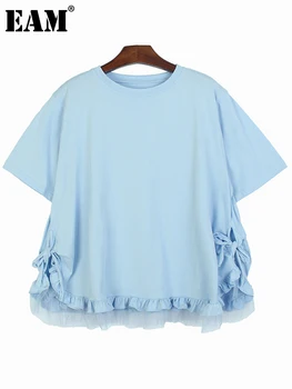 [EAM] Donne Blu Orlo Volant Maglia di Grandi Dimensioni Casual T-shirt Nuovo Collo Rotondo Manica Corta Marea Moda Primavera Estate 2023 1DF7580