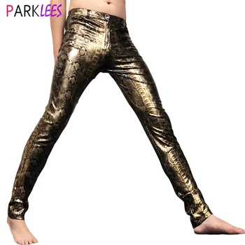Sexy Serpente d'Oro Metallizzato Pelle Stretch Pants Uomo 2023 Fashion Nuova Discoteca PU Pantaloni uomo di Partito Prom Fase Cantante Abbigliamento