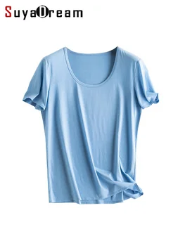 SuyaDream Donne T-shirt in Lino e Seta di Cotone Tinta U Neck Manica Corta Accogliente Tees 2022 Primavera Estate Semplice Top Blu Bianco