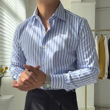 Business Stripe Camicie Uomo Cuba Collare Camicia a Manica Lunga in British Fashion Slim Shirt di Tendenza della Camicia degli Uomini di Office Camicia Smoking Sociale