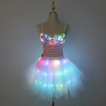 Nuovo LED Reggiseno Tutu Gonna Colorata Flash Diamante Reggiseno di Danza del Ventre a LED Gonna di Natale Festa da Ballo Sexy Girl Light Up Costume