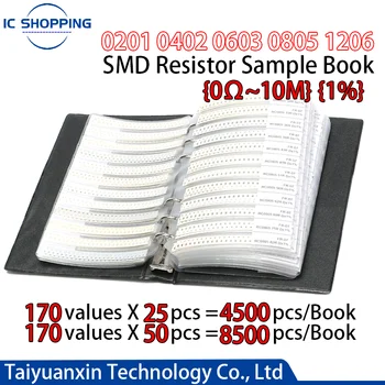 4250PCS 8500PCS 0201 0402 0603 0805 1206 SMD Resistenza di Libro 1% Esempio di Componente del Libro Assortimento Kit 10K 100K 1K 1R 100R 220R