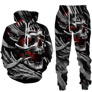 Punk 3D Cranio di Stampa Felpa con cappuccio + Pantalone Uomo Fresco Ladies Tuta Moda Primavera Autunno Casual Pullover Felpa Harajuku Stile Street