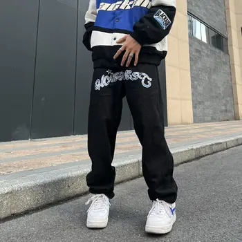 Y2K Moda Uomo Nero coreano Streetwear Lettera Stampa Low Rise Jeans Larghi Pantaloni Dritti Hip Hop Denim Pantaloni Abiti Maschili